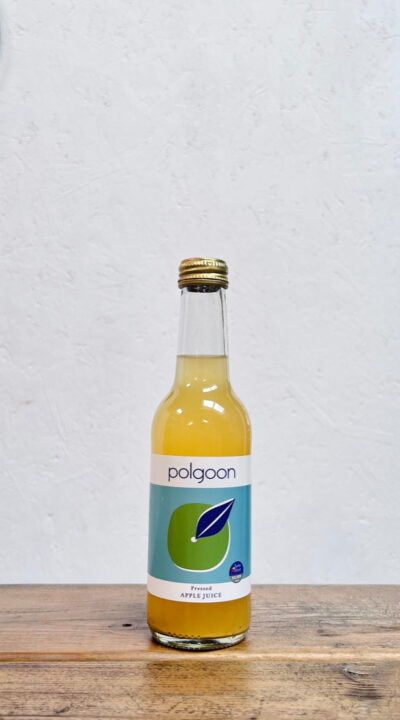 A bottle of cloudy apple juice from Polgoon Vineyard in Penzance, Cornwall