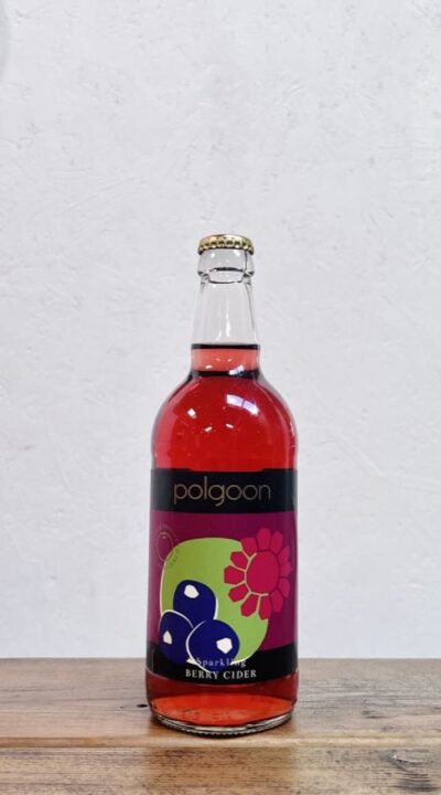 A bottle of sparkling berry cider from Polgoon Vineyard in Cornwall.