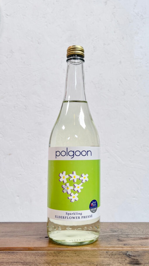 A sparkling elderflower press large bottle made by Polgoon Vineyard in Penzance, Cornwall