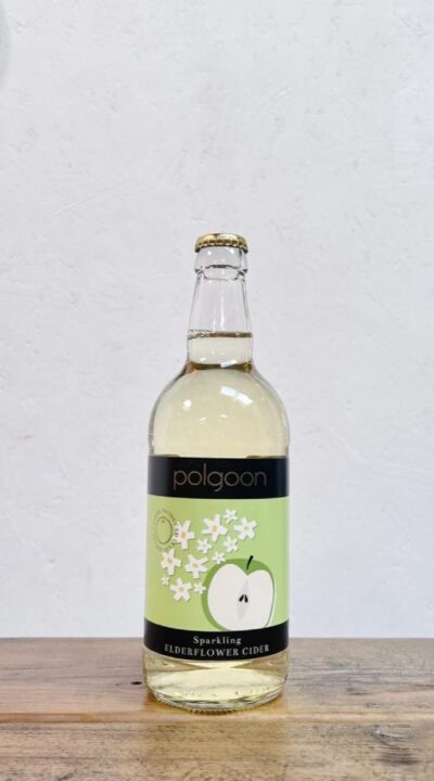 A bottle of Sparkling Elderflower cider made by Polgoon Vineyard in Cornwall.