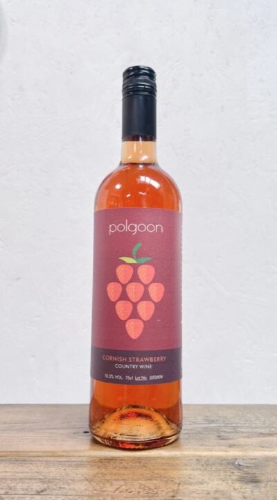 A bottle of strawberry wine made by Polgoon Vineyard in Cornwall. Strawberry from Boddington Berries.