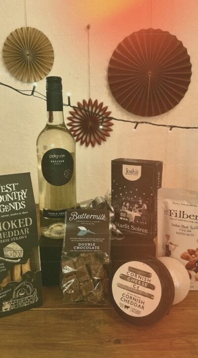 polgoon Christmas hamper including wine cheese and other cornish items