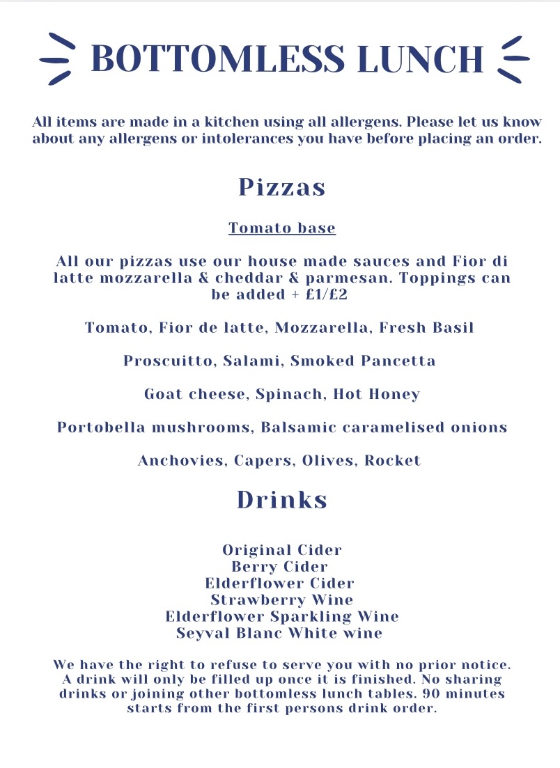 Bottomless lunch menu including drinks and pizzas for £35.